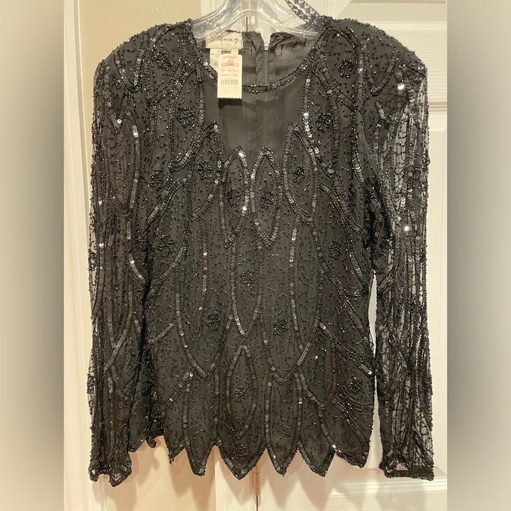 Stenay Top Black Silk Sequin Bead Round Neck Sheer Long Sleeve Back Zip Small